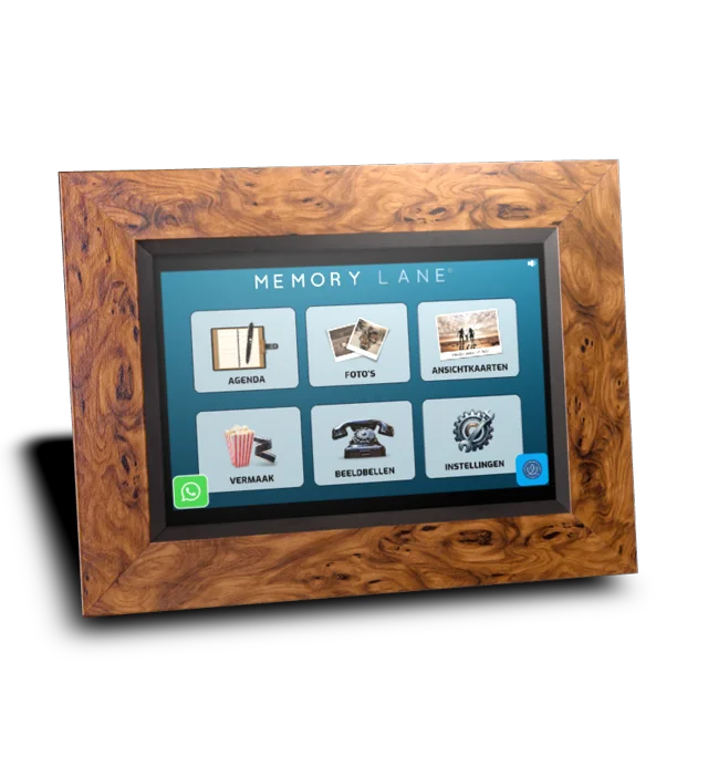 Memory Lane slimme fotolijst met houten frame — hoofdmenu met Vermaak, Beeldbellen en Aansichtkaarten